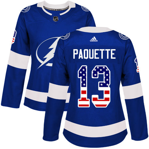 Adidas Tampa Bay Lightning #13 Cedric Paquette Blue Home Authentic USA Flag Women Stitched NHL Jersey
